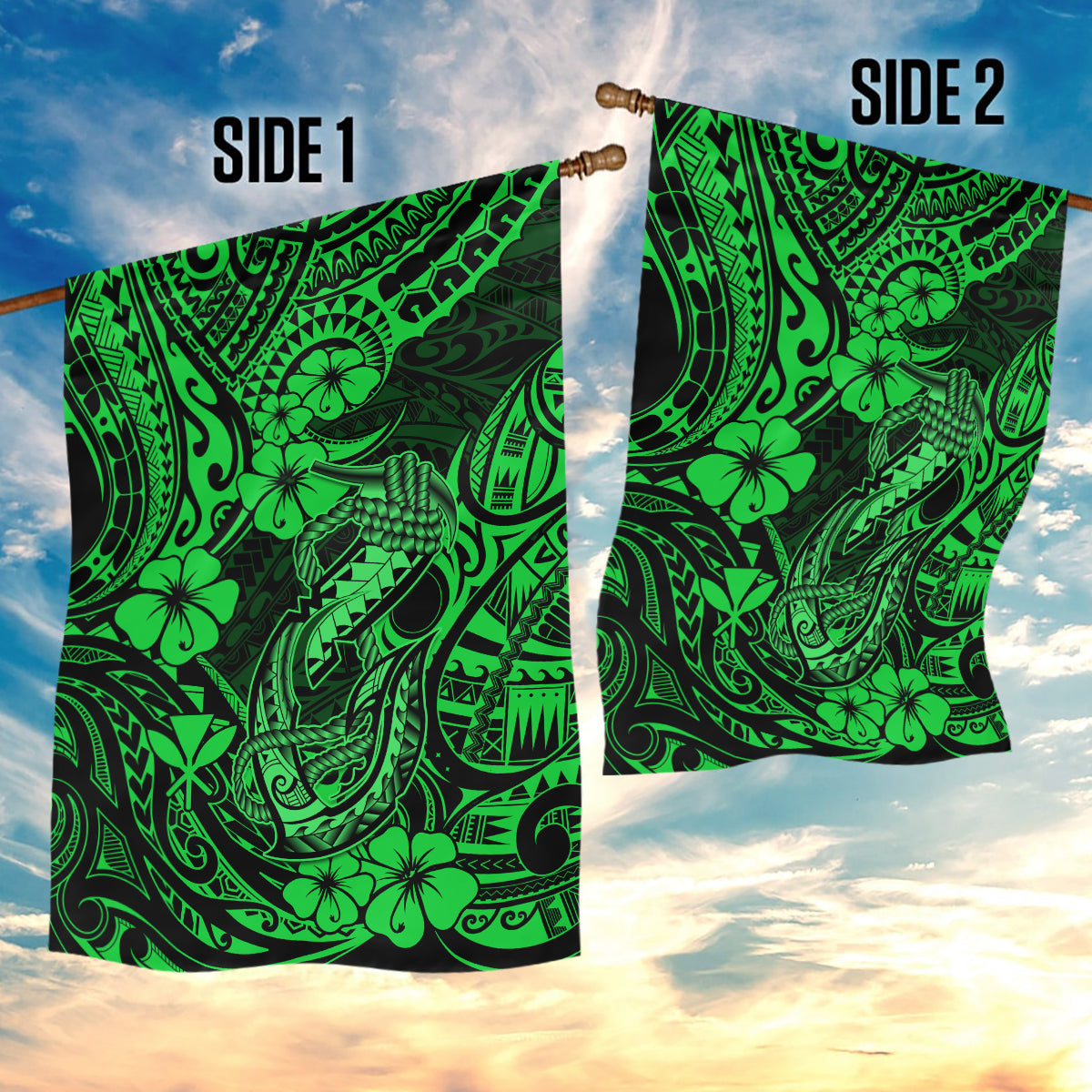 Hawaii Fish Hook Garden Flag Polynesian Pattern Green Version - Wonder Print Shop