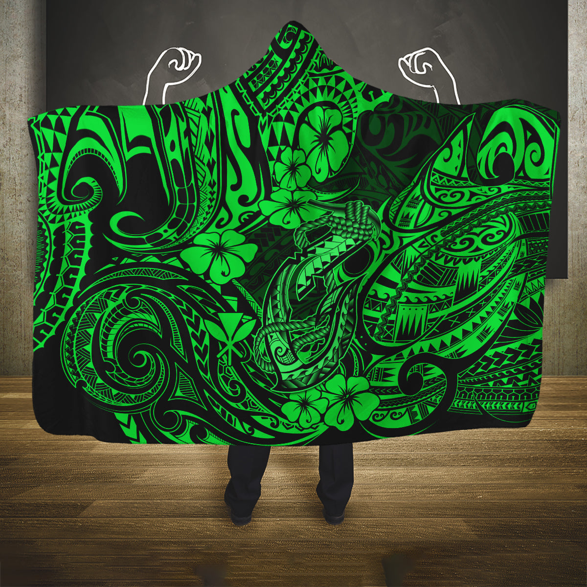 hawaii-fish-hook-hooded-blanket-polynesian-pattern-green-version