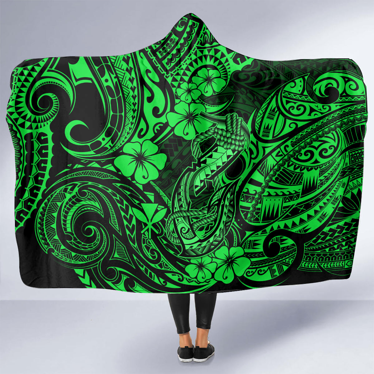 hawaii-fish-hook-hooded-blanket-polynesian-pattern-green-version
