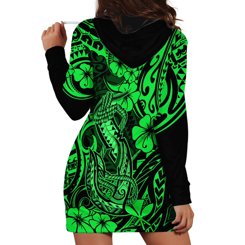 Hawaii Fish Hook Hoodie Dress Polynesian Pattern Green Version - Wonder Print Shop