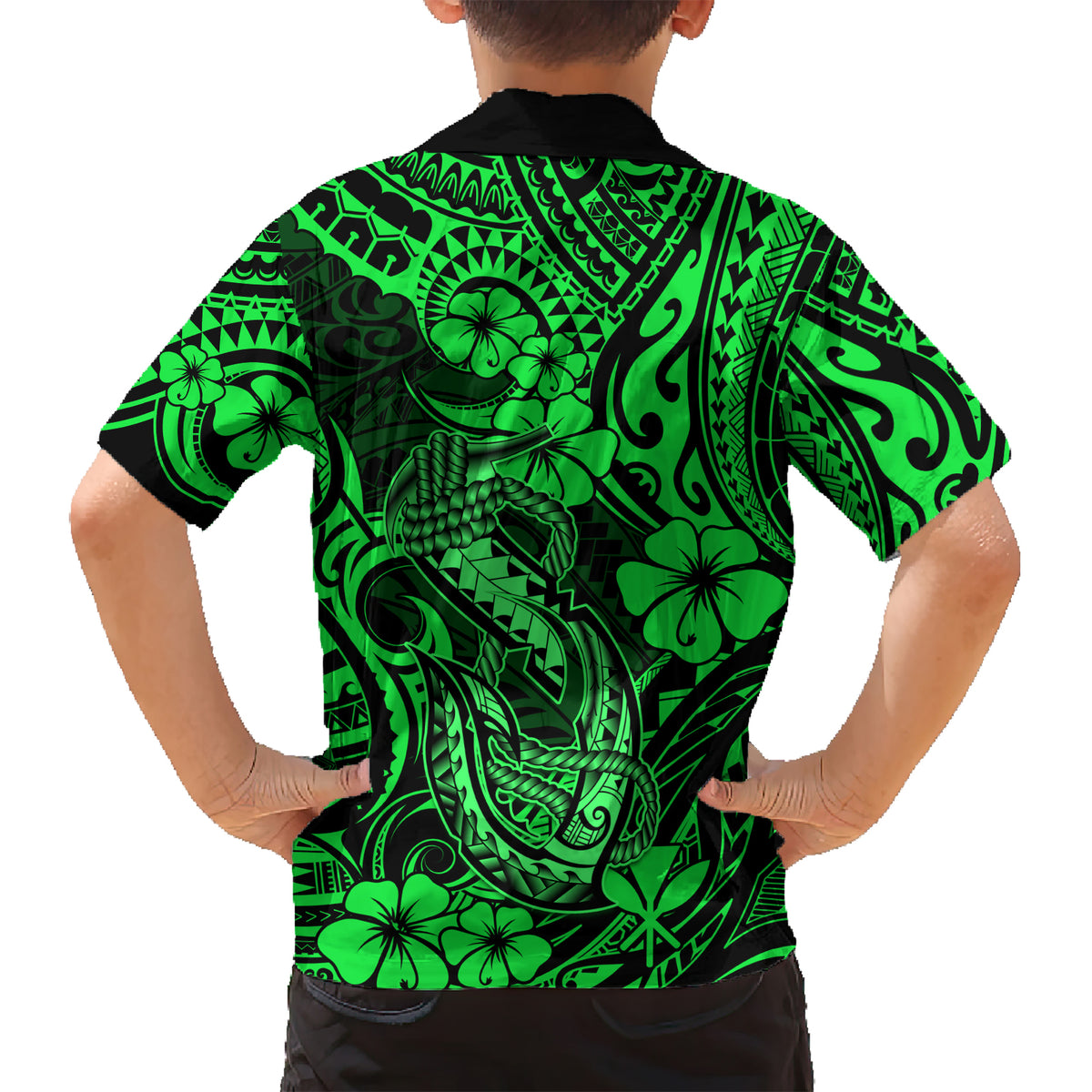 Hawaii Fish Hook Kid Hawaiian Shirt Polynesian Pattern Green Version - Wonder Print Shop
