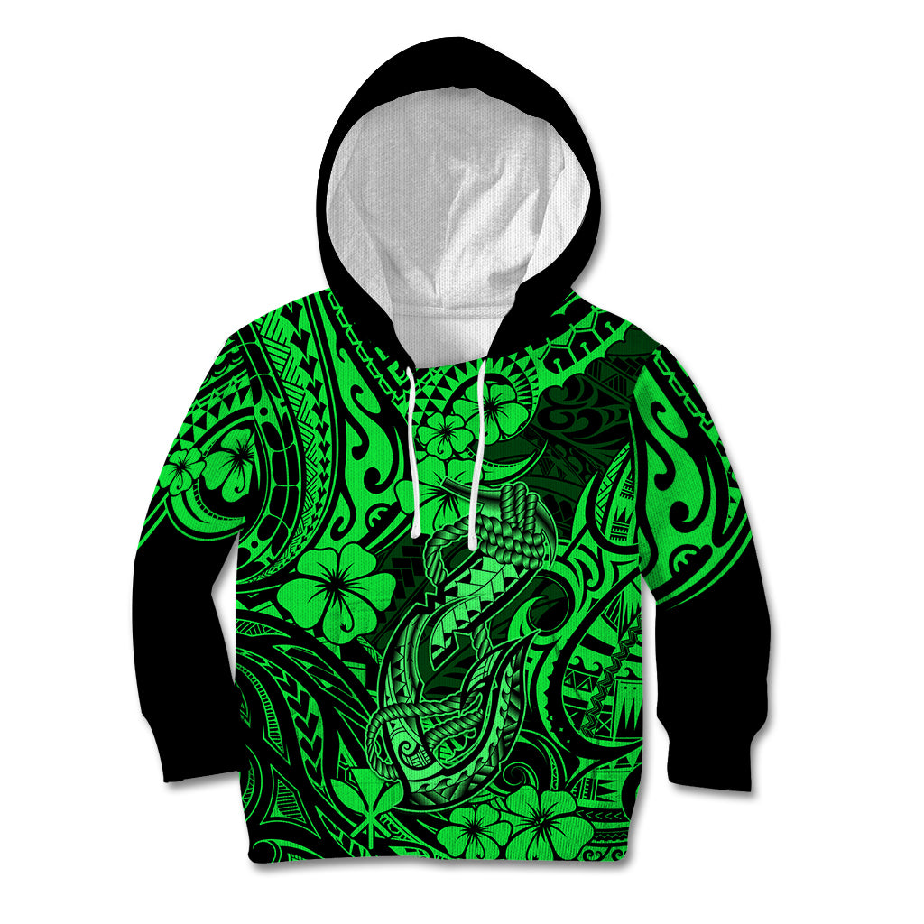 Hawaii Fish Hook Kid Hoodie Polynesian Pattern Green Version - Wonder Print Shop