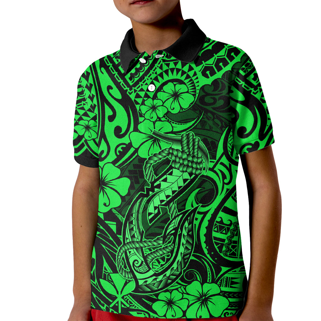 Hawaii Fish Hook Kid Polo Shirt Polynesian Pattern Green Version - Wonder Print Shop