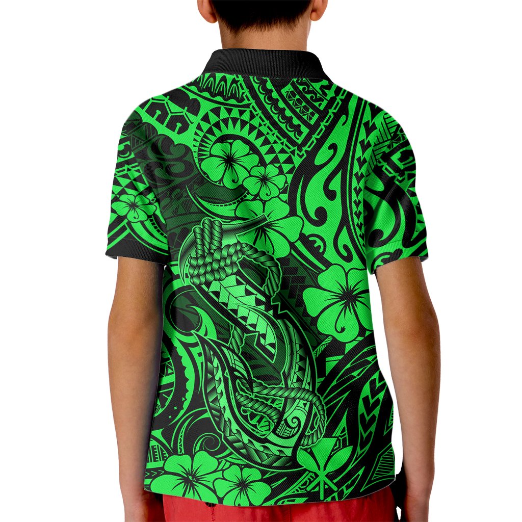 Hawaii Fish Hook Kid Polo Shirt Polynesian Pattern Green Version - Wonder Print Shop