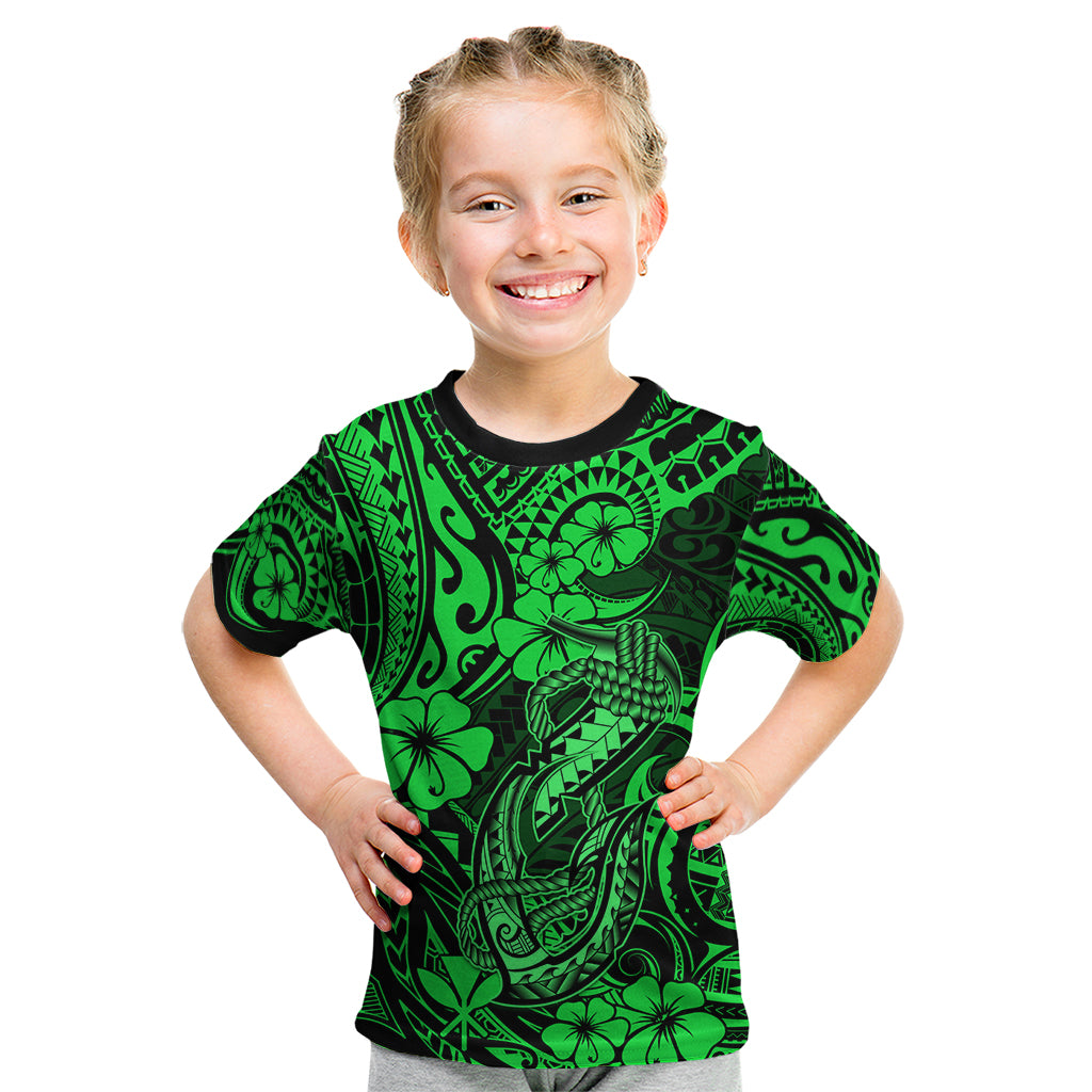 Hawaii Fish Hook Kid T Shirt Polynesian Pattern Green Version - Wonder Print Shop