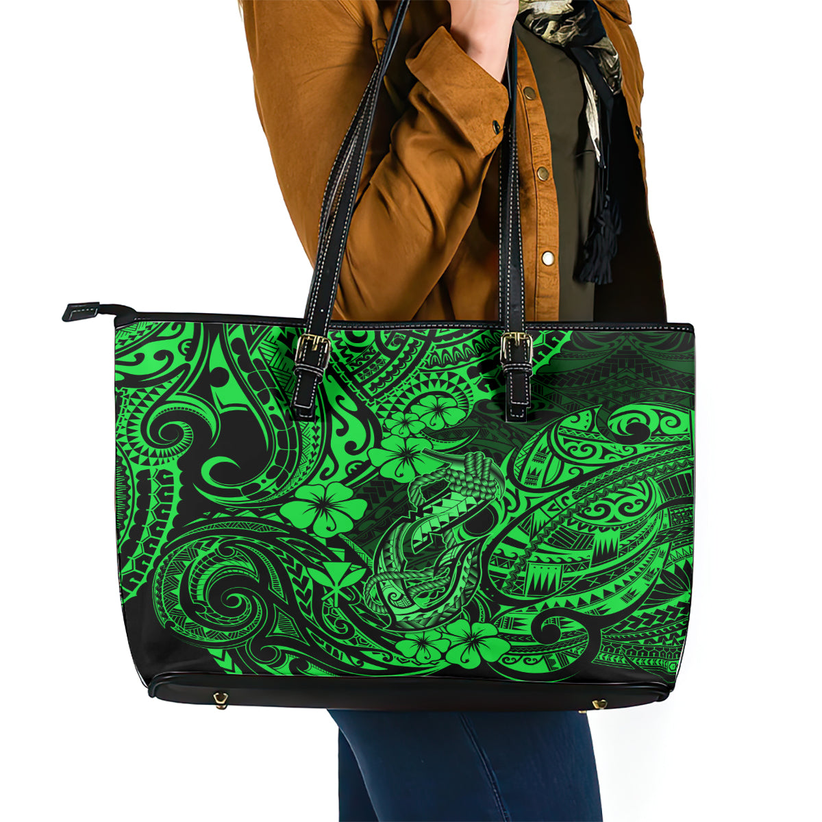 Hawaii Fish Hook Leather Tote Bag Polynesian Pattern Green Version - Wonder Print Shop