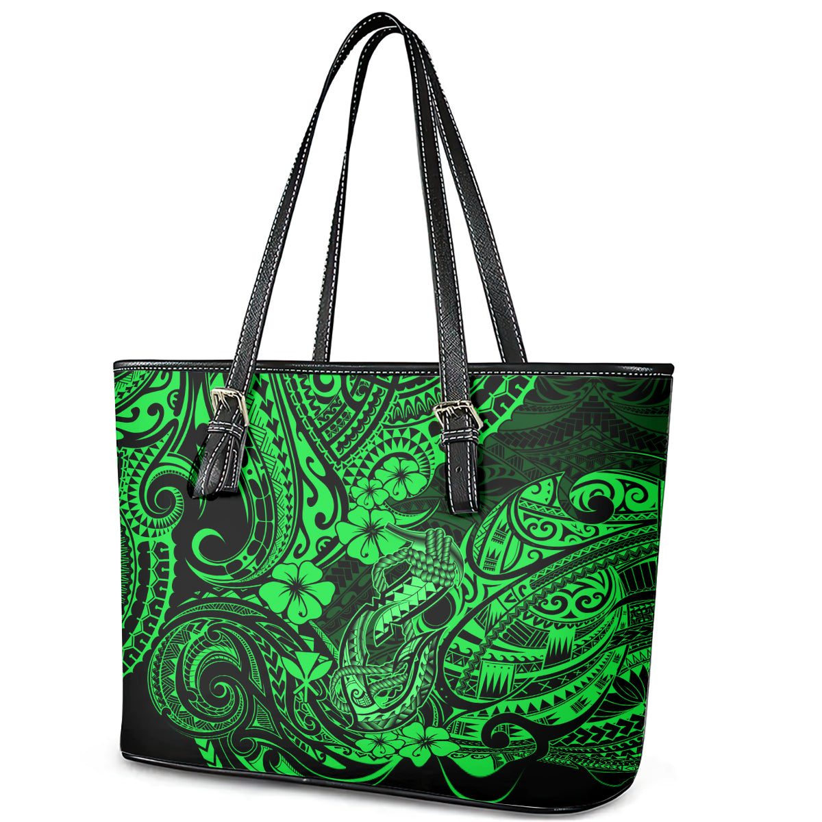 Hawaii Fish Hook Leather Tote Bag Polynesian Pattern Green Version - Wonder Print Shop