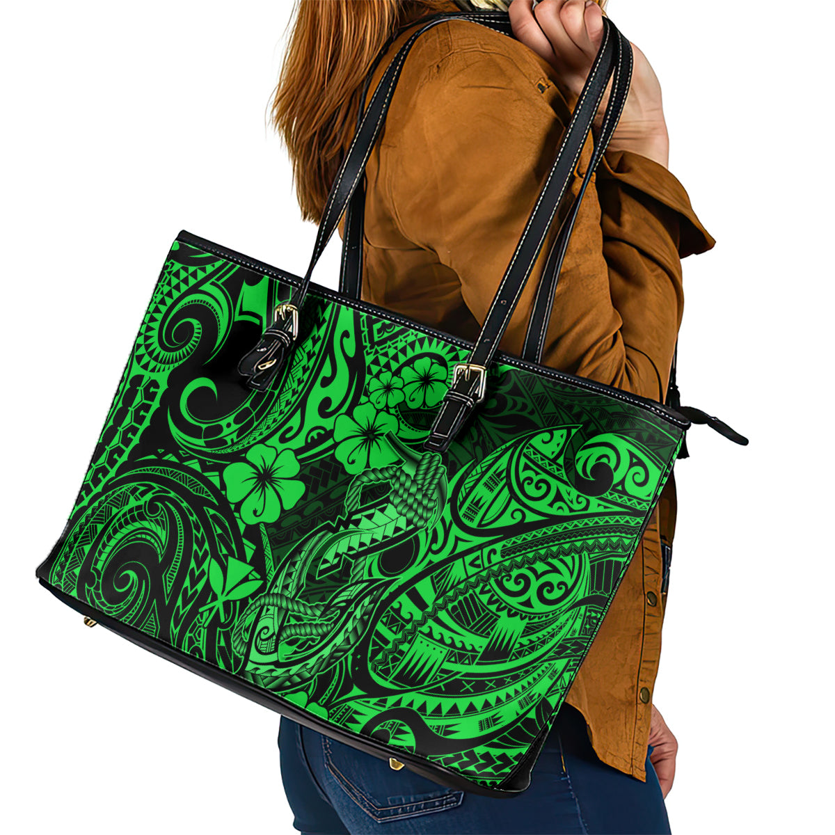 Hawaii Fish Hook Leather Tote Bag Polynesian Pattern Green Version - Wonder Print Shop