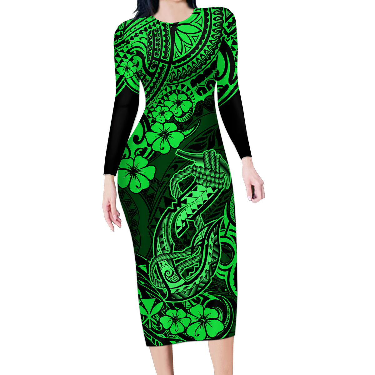 Hawaii Fish Hook Long Sleeve Bodycon Dress Polynesian Pattern Green Version - Wonder Print Shop