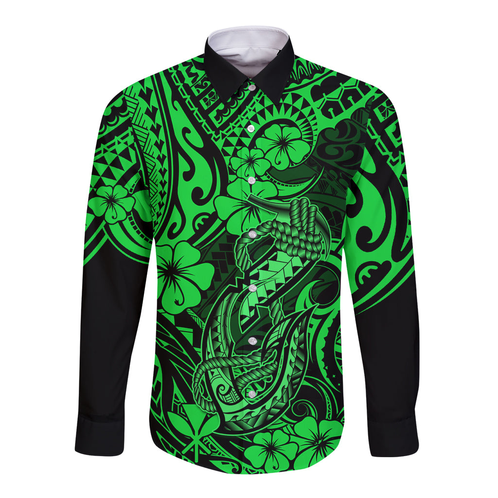 Hawaii Fish Hook Long Sleeve Button Shirt Polynesian Pattern Green Version - Wonder Print Shop