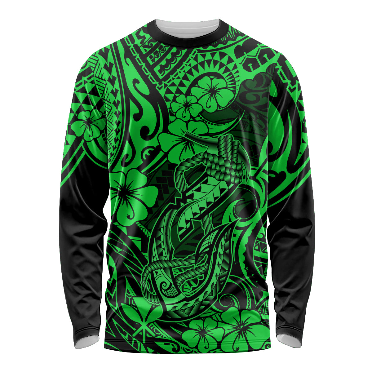 Hawaii Fish Hook Long Sleeve Shirt Polynesian Pattern Green Version - Wonder Print Shop