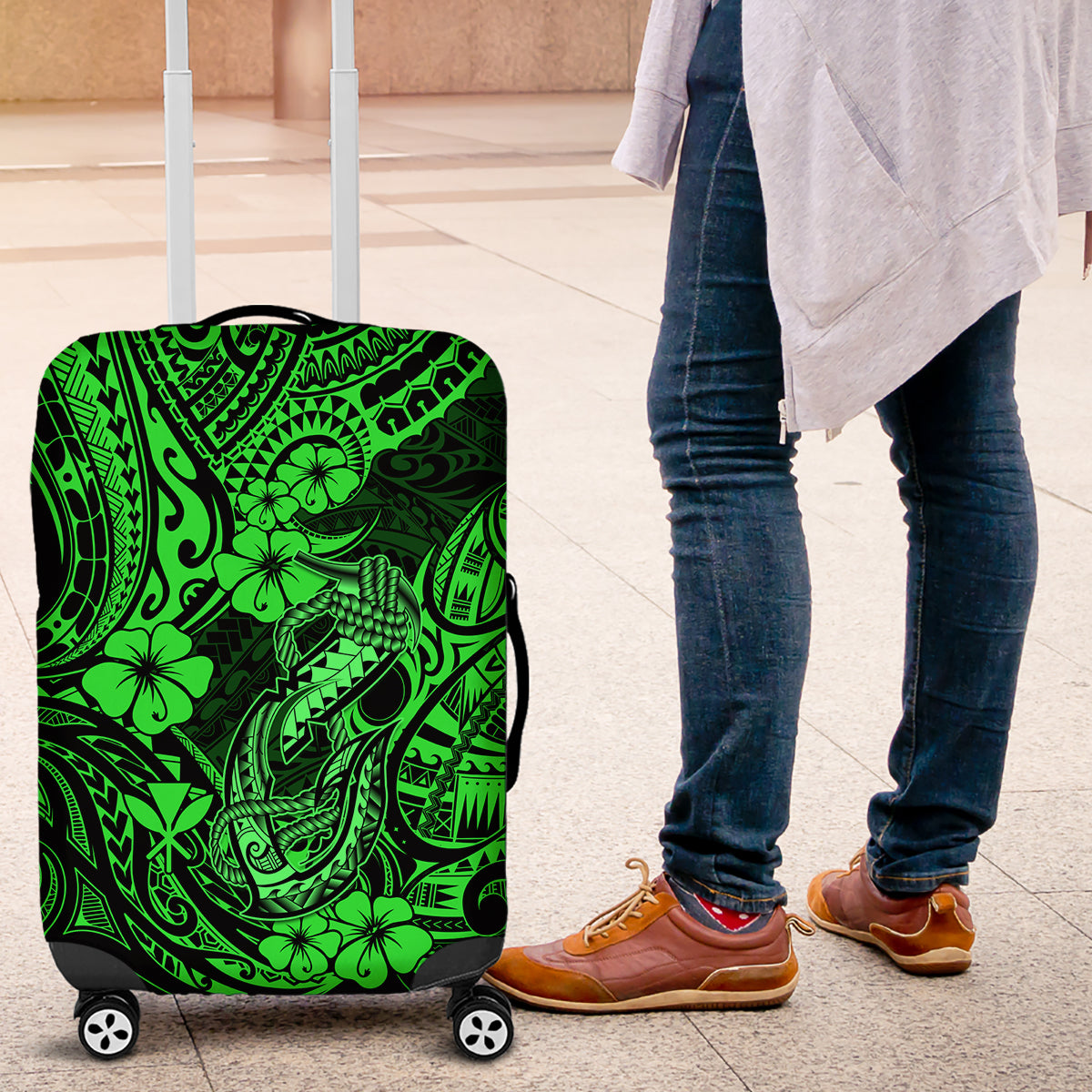 Hawaii Fish Hook Luggage Cover Polynesian Pattern Green Version - Wonder Print Shop