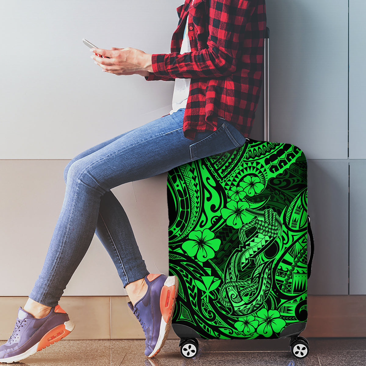 Hawaii Fish Hook Luggage Cover Polynesian Pattern Green Version - Wonder Print Shop
