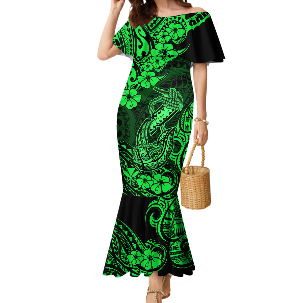 Hawaii Fish Hook Mermaid Dress Polynesian Pattern Green Version - Wonder Print Shop