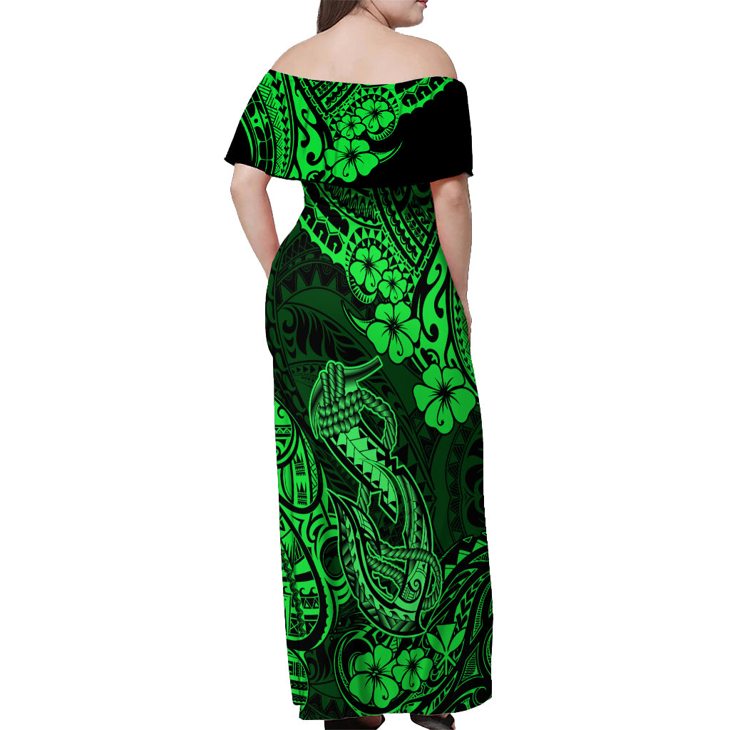 Hawaii Fish Hook Off Shoulder Maxi Dress Polynesian Pattern Green Version - Wonder Print Shop