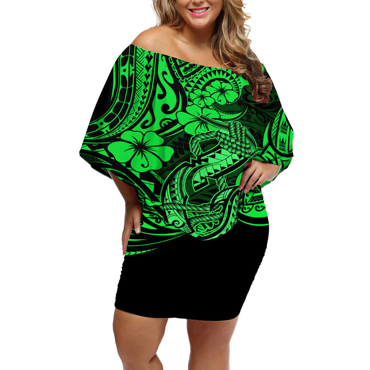 Hawaii Fish Hook Off Shoulder Short Dress Polynesian Pattern Green Version - Wonder Print Shop