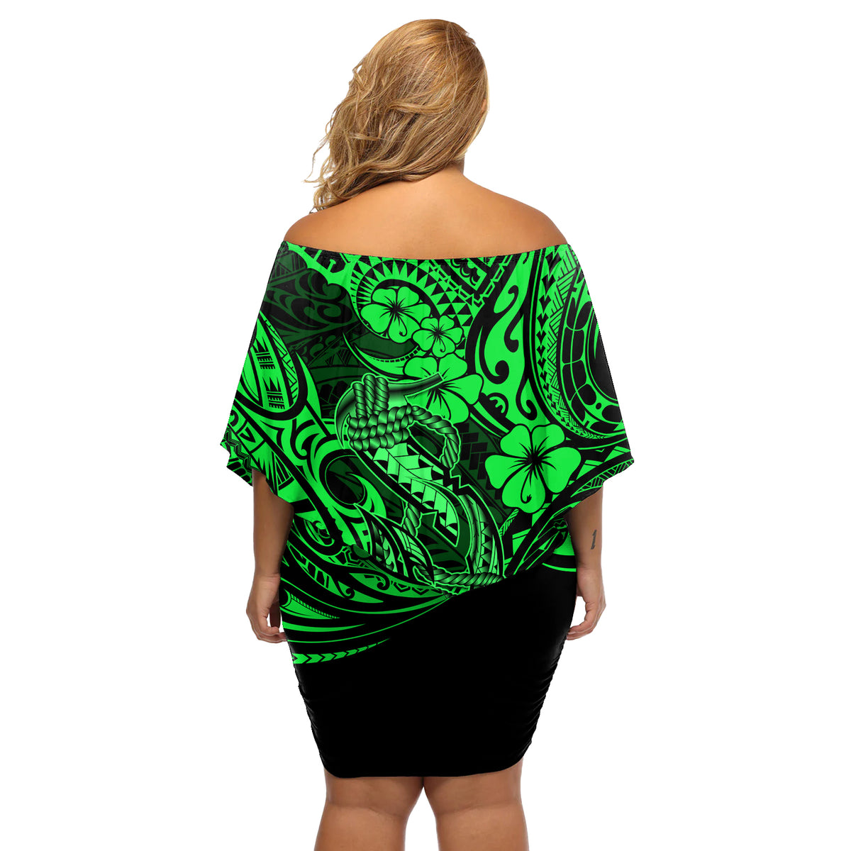 Hawaii Fish Hook Off Shoulder Short Dress Polynesian Pattern Green Version - Wonder Print Shop