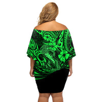 Hawaii Fish Hook Off Shoulder Short Dress Polynesian Pattern Green Version - Wonder Print Shop