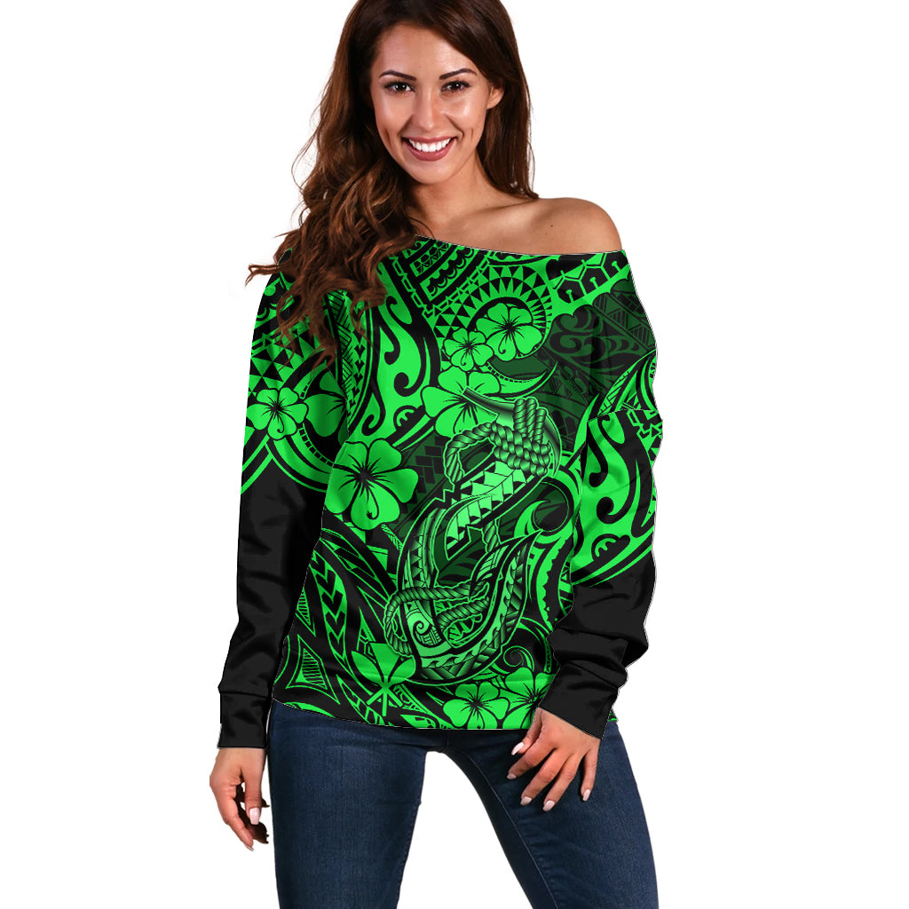 Hawaii Fish Hook Off Shoulder Sweater Polynesian Pattern Green Version - Wonder Print Shop