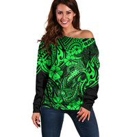 Hawaii Fish Hook Off Shoulder Sweater Polynesian Pattern Green Version - Wonder Print Shop