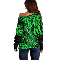 Hawaii Fish Hook Off Shoulder Sweater Polynesian Pattern Green Version - Wonder Print Shop