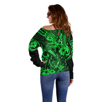 Hawaii Fish Hook Off Shoulder Sweater Polynesian Pattern Green Version - Wonder Print Shop