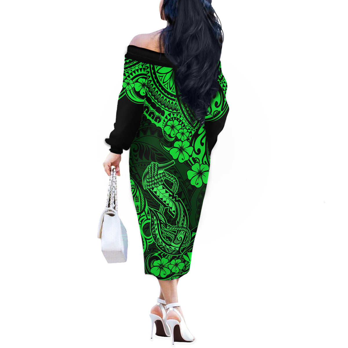 Hawaii Fish Hook Off The Shoulder Long Sleeve Dress Polynesian Pattern Green Version - Wonder Print Shop