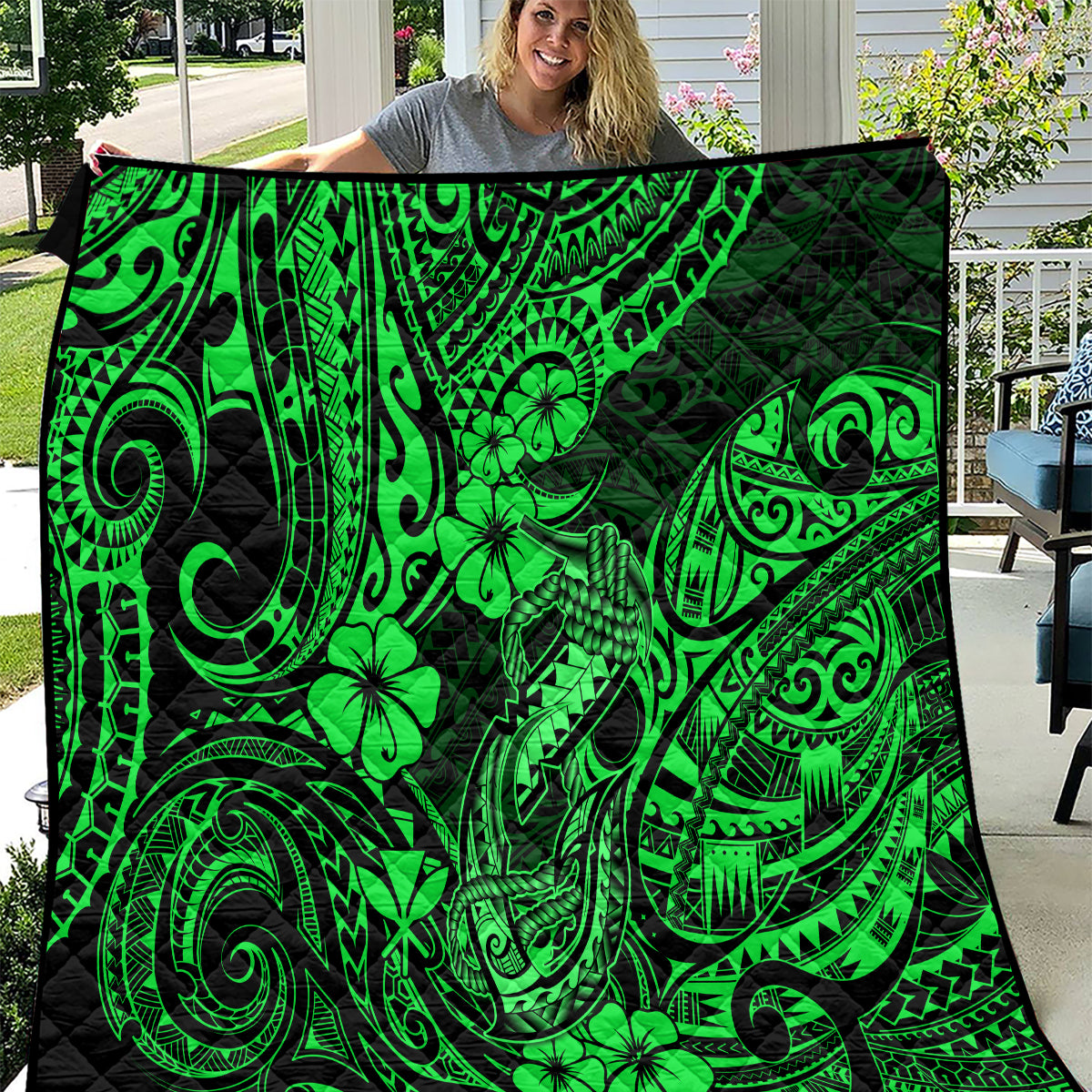 Hawaii Fish Hook Quilt Polynesian Pattern Green Version - Wonder Print Shop