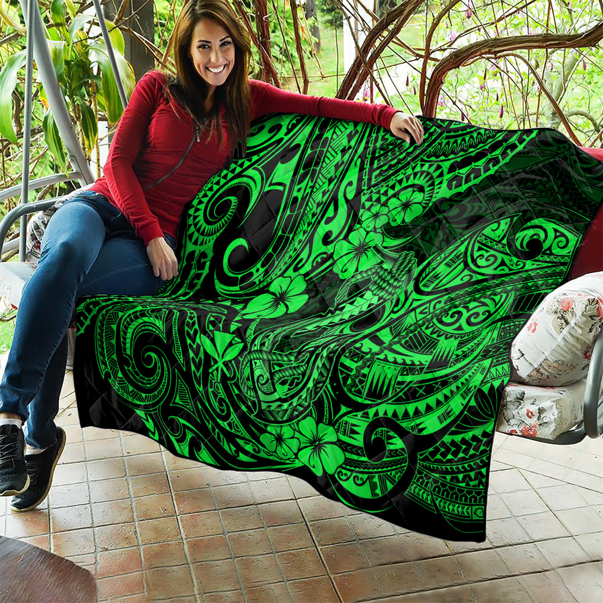 Hawaii Fish Hook Quilt Polynesian Pattern Green Version - Wonder Print Shop