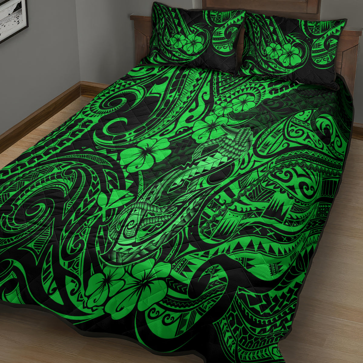 Hawaii Fish Hook Quilt Bed Set Polynesian Pattern Green Version - Wonder Print Shop