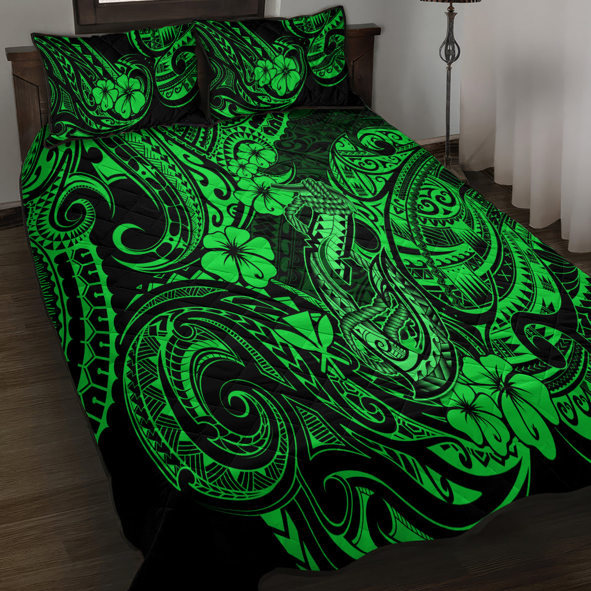 Hawaii Fish Hook Quilt Bed Set Polynesian Pattern Green Version - Wonder Print Shop