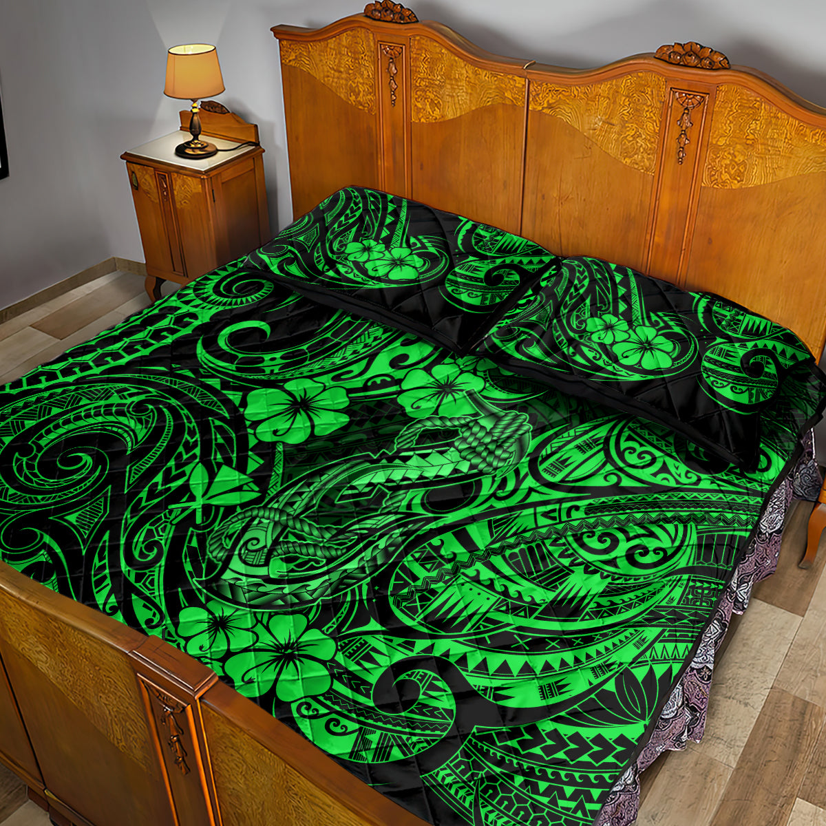 Hawaii Fish Hook Quilt Bed Set Polynesian Pattern Green Version - Wonder Print Shop