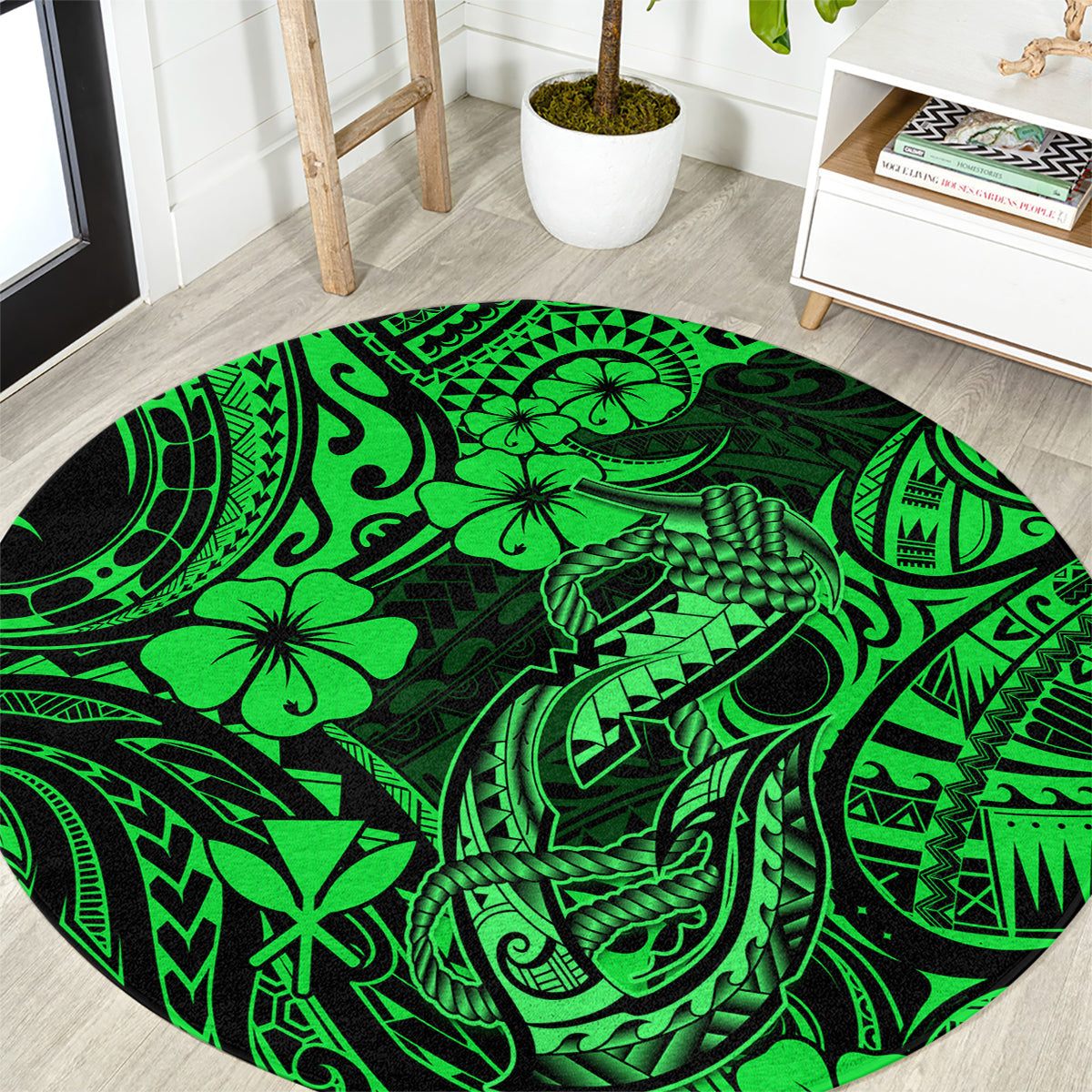 hawaii-fish-hook-round-carpet-polynesian-pattern-green-version
