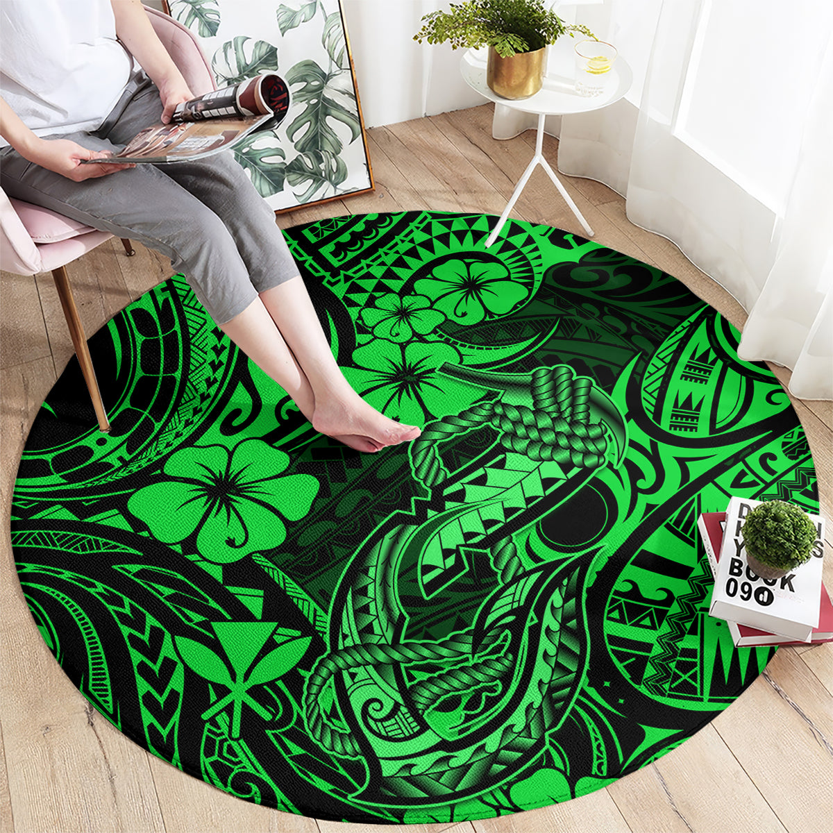 hawaii-fish-hook-round-carpet-polynesian-pattern-green-version