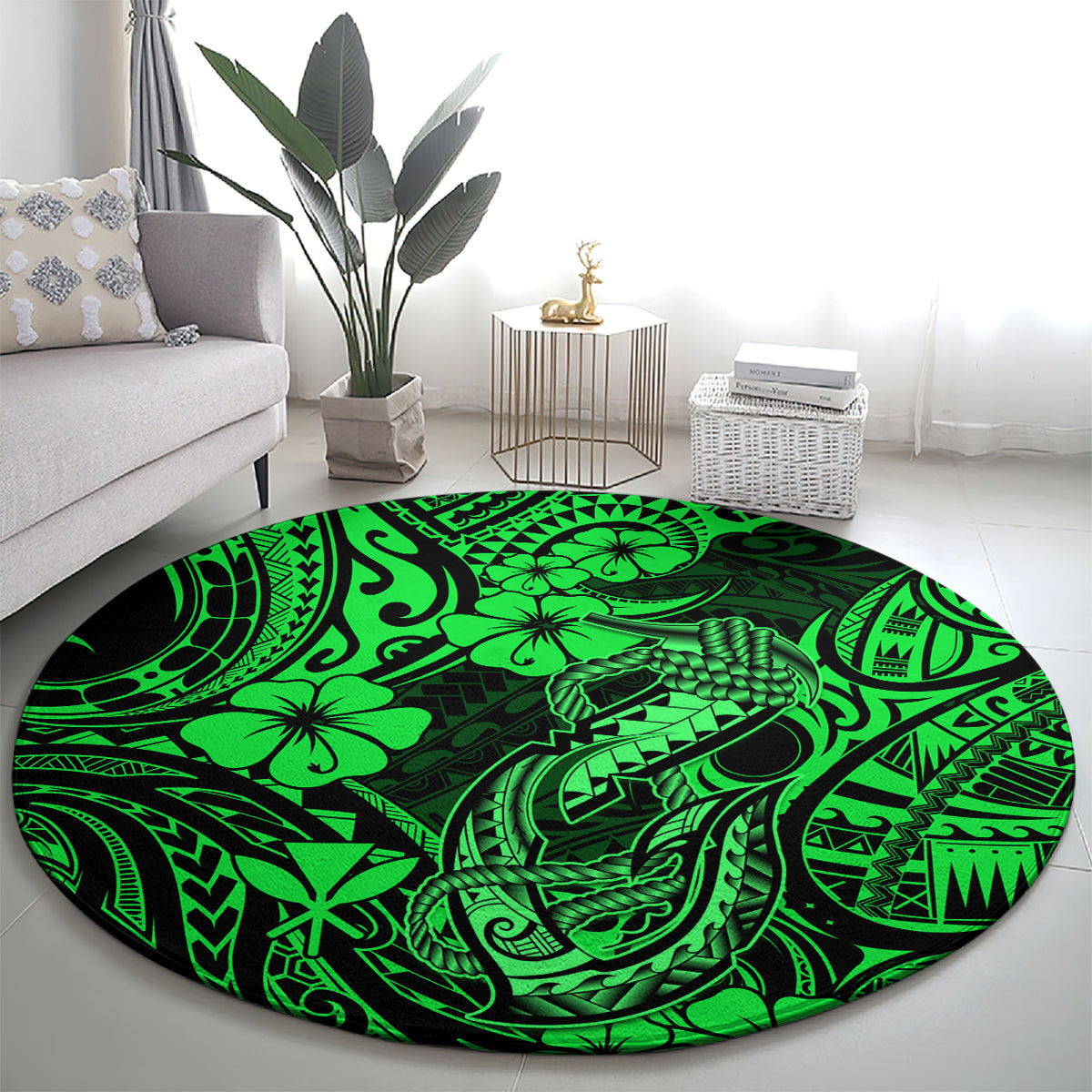 hawaii-fish-hook-round-carpet-polynesian-pattern-green-version