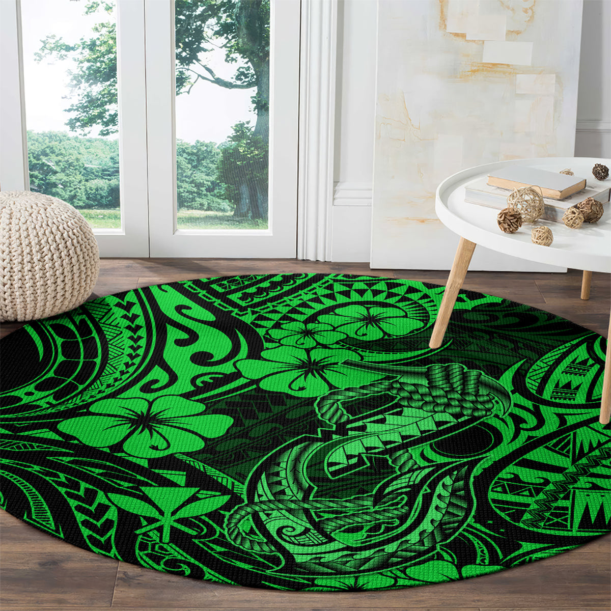 hawaii-fish-hook-round-carpet-polynesian-pattern-green-version