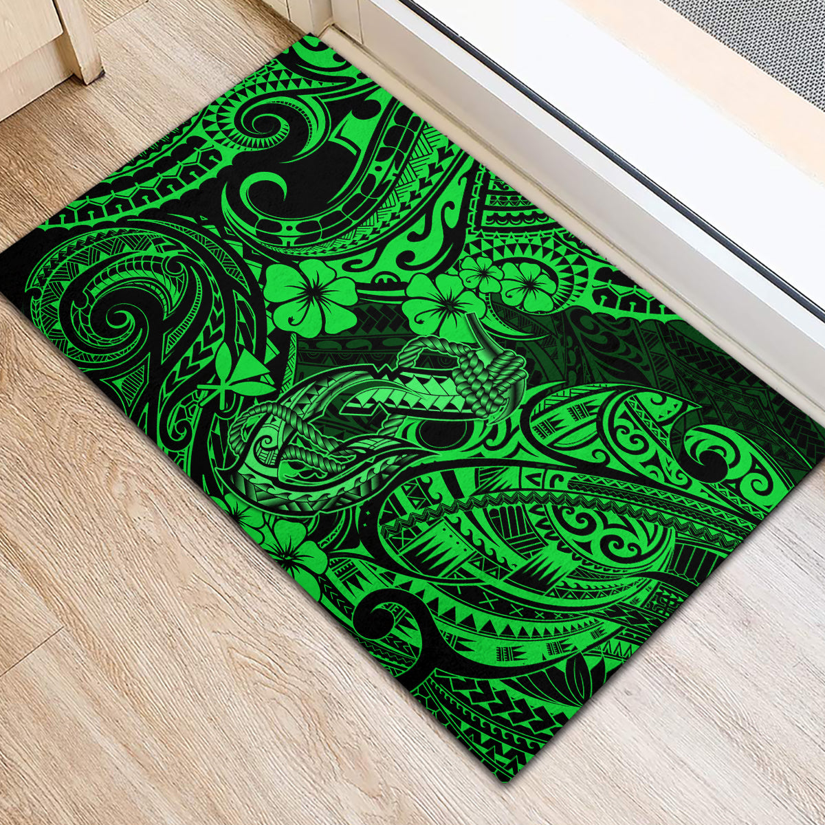 Hawaii Fish Hook Rubber Doormat Polynesian Pattern Green Version - Wonder Print Shop