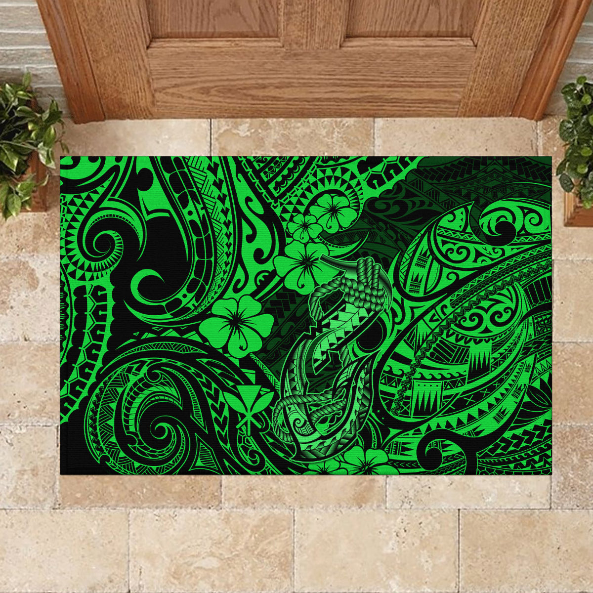 Hawaii Fish Hook Rubber Doormat Polynesian Pattern Green Version - Wonder Print Shop