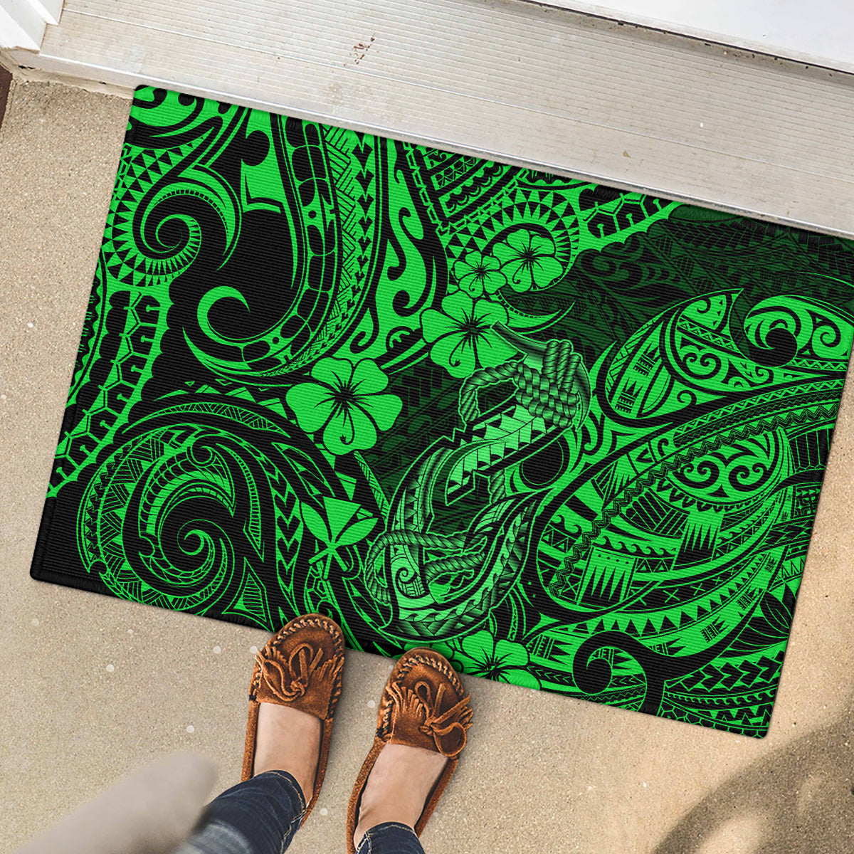Hawaii Fish Hook Rubber Doormat Polynesian Pattern Green Version - Wonder Print Shop