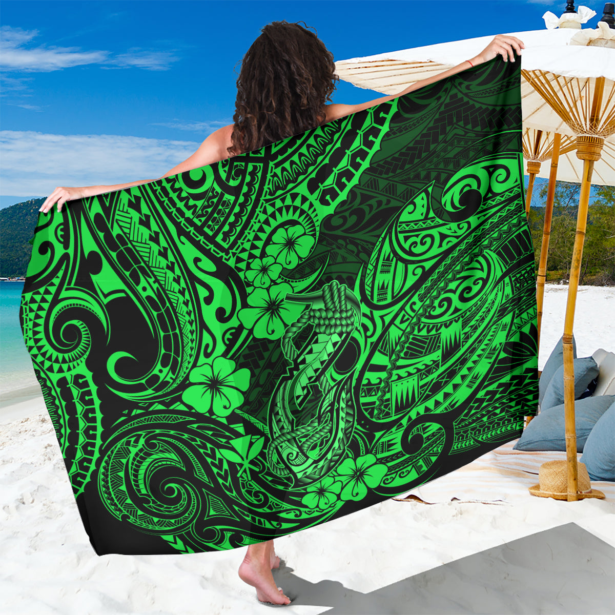 Hawaii Fish Hook Sarong Polynesian Pattern Green Version - Wonder Print Shop
