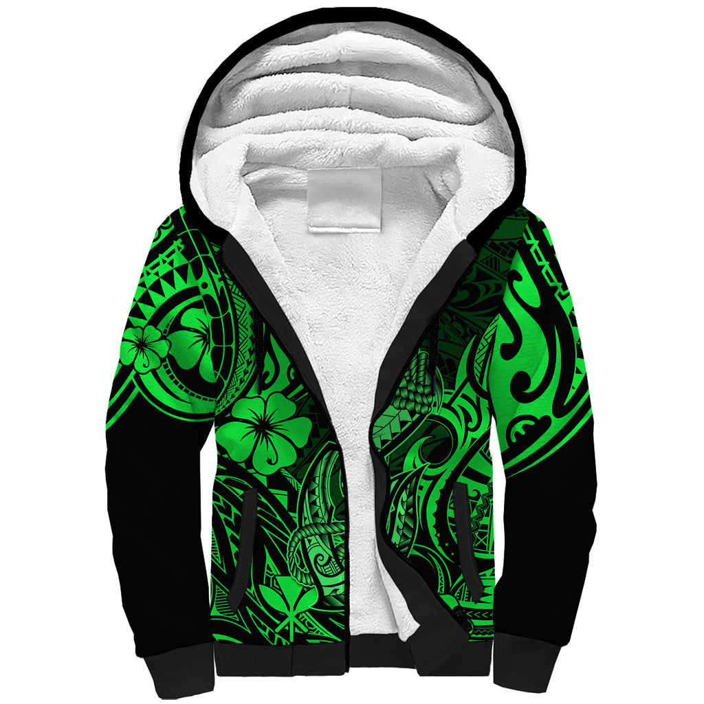 Hawaii Fish Hook Sherpa Hoodie Polynesian Pattern Green Version - Wonder Print Shop