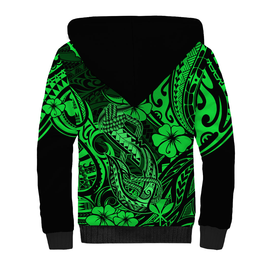 Hawaii Fish Hook Sherpa Hoodie Polynesian Pattern Green Version - Wonder Print Shop