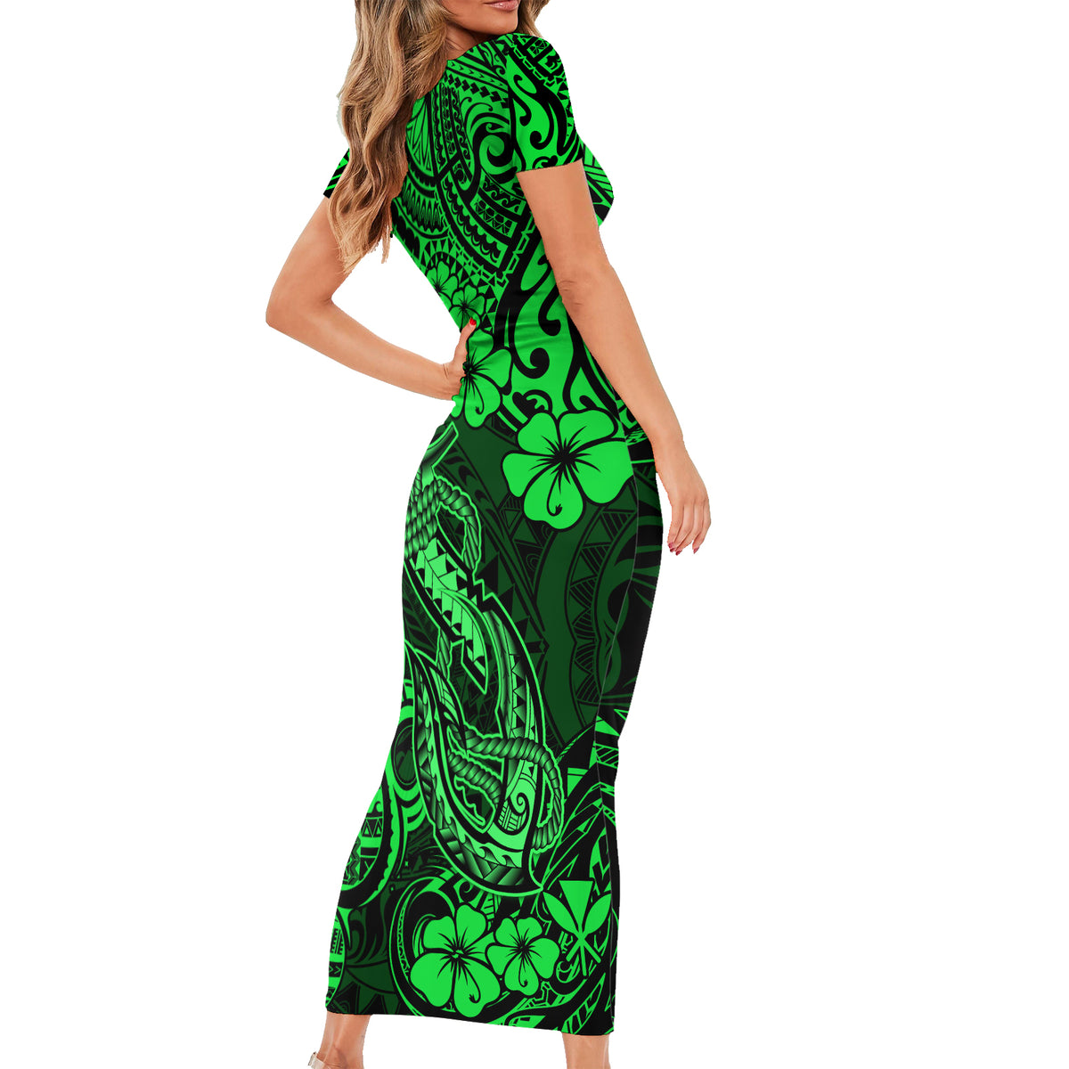 Hawaii Fish Hook Short Sleeve Bodycon Dress Polynesian Pattern Green Version - Wonder Print Shop