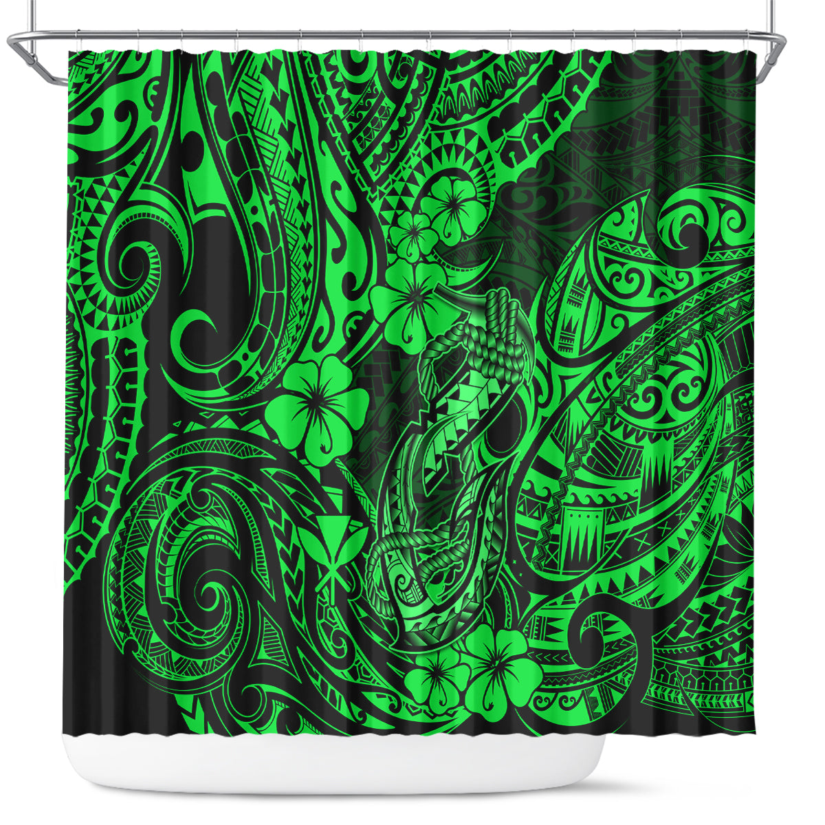 hawaii-fish-hook-shower-curtain-polynesian-pattern-green-version