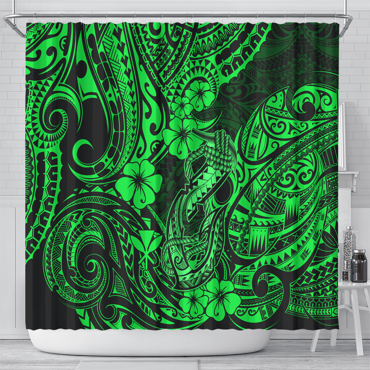 hawaii-fish-hook-shower-curtain-polynesian-pattern-green-version