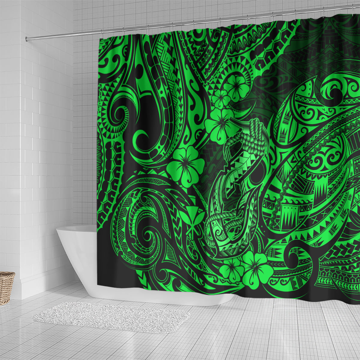hawaii-fish-hook-shower-curtain-polynesian-pattern-green-version
