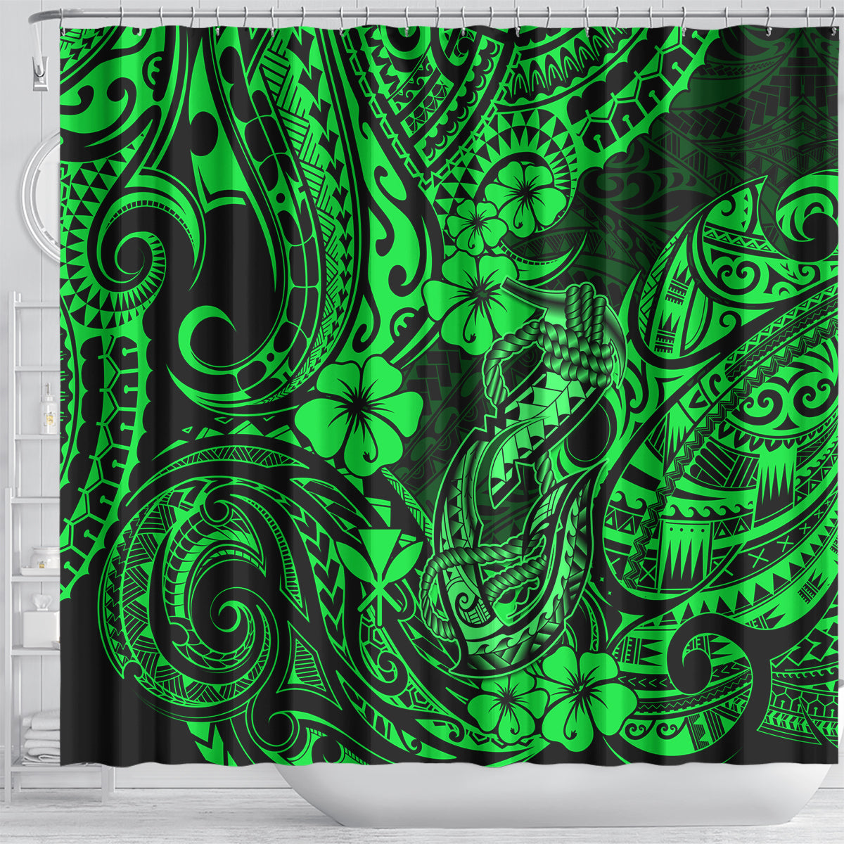 hawaii-fish-hook-shower-curtain-polynesian-pattern-green-version