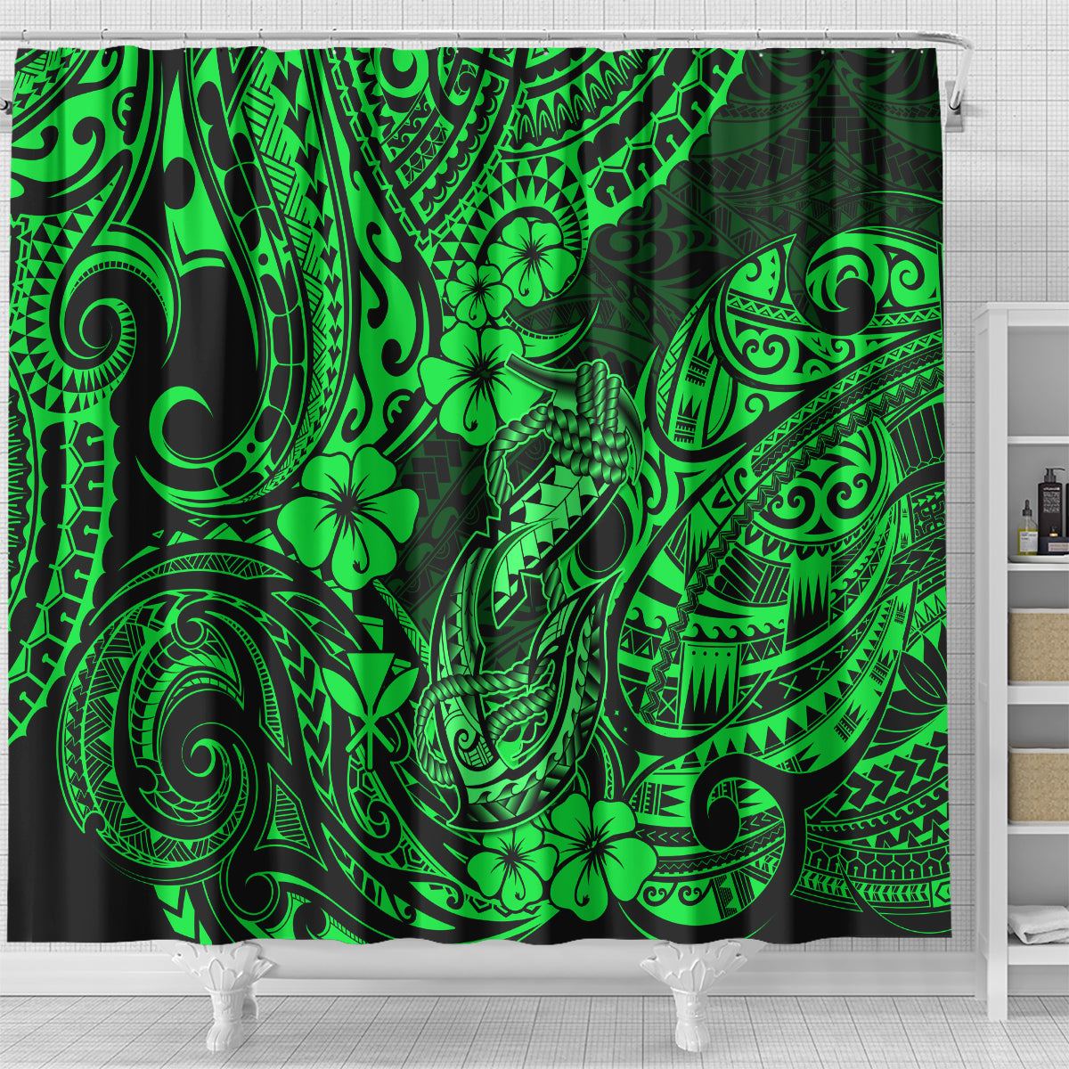hawaii-fish-hook-shower-curtain-polynesian-pattern-green-version