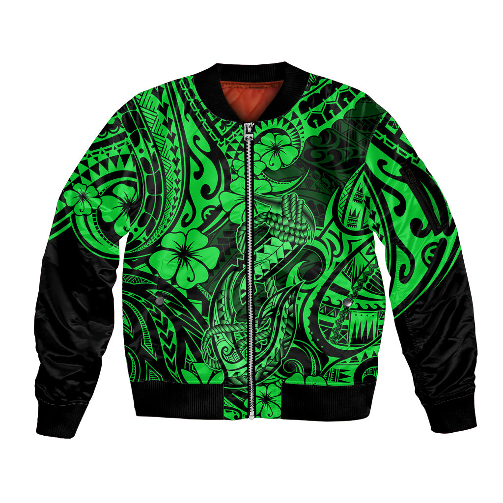 Hawaii Fish Hook Sleeve Zip Bomber Jacket Polynesian Pattern Green Version - Wonder Print Shop