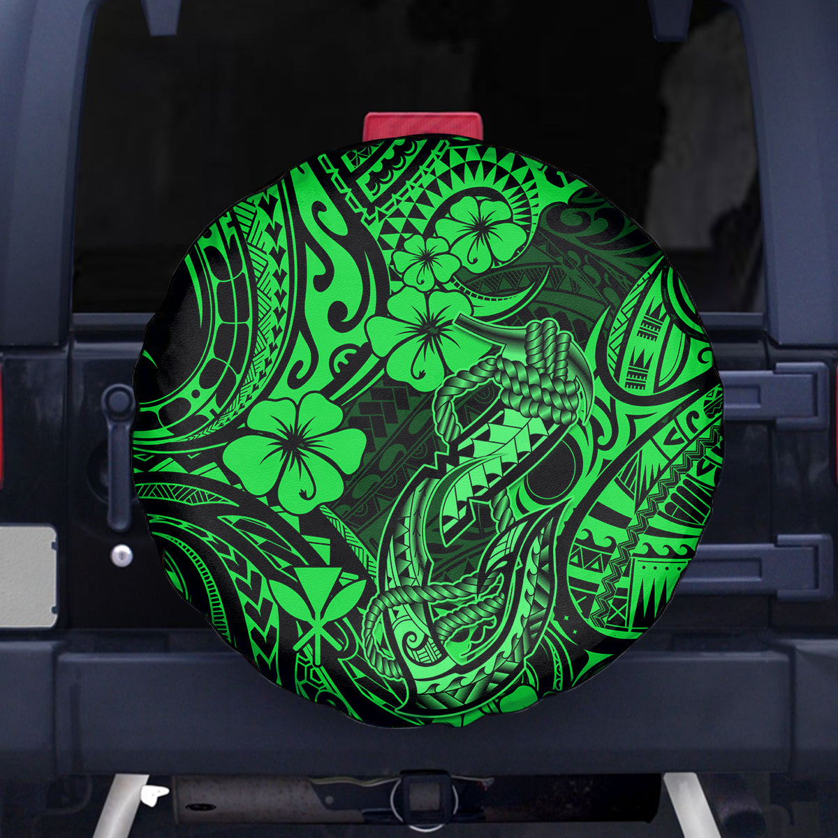 Hawaii Fish Hook Spare Tire Cover Polynesian Pattern Green Version - Wonder Print Shop